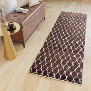 Tapiso Sari Tapijt Loper Bruin Geruit Woonkamer Hal Slaapkamer Maat- 100x100