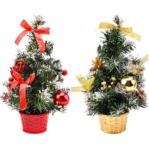 2 stuks mini-kerstboom, 30 cm kleine tafel, kerstboom met kerstballen, strikknoppen en dennenappels, kunsttafel kerstboom voor school, thuis, kantoordecoratie (rood & goud)