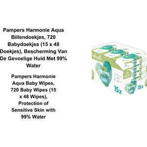 Pampers Harmonie Aqua Billendoekjes, 720 Babydoekjes (15 x 48 Doekjes), Bescherming Van De Gevoelige Huid Met 99% Water
