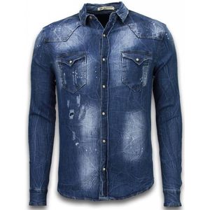 Denim Shirt - SpijkerBlouse Slim Fit Long Sleeve - Vintage Look - Blauw