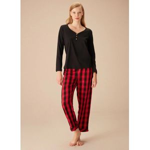 Suwen- Dames 2- Delige -Pyjama- Luxe Pyjamaset- Nachtkleding Zwart/Rood Geruite Maat XL