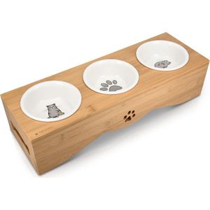 Navaris verhoogde voerbakset met standaard - 3 keramische voerbakken met bamboe houder - Voer- en drinkbak voor katten en honden - Vaatwasserbestendig