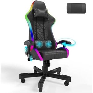 Massage Gaming stoel met led, 150 kg belastbaarheid, ergonomische bureaustoel, RGB-verlichting en lendensteun, gamerstoel met PU-leer en verstelbare hoofdsteun