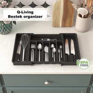 Q-Living Bestekbak - Uitschuifbaar - Bestekcassette - Besteklade - Opbergbak - 6 / 8 Vakken - Kunststof - BPA Vrij - Zwart