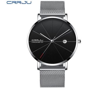 CRRJU Horloge - Zilverkleurig - Zwart - Heren - Analoog - Ø40mm - staal - Datumaanduiding