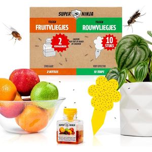 Super Ninja Fruitvliegjes Vanger Bundel - 2 Fruitvliegjes vallen en 10 Gele Stickers - Zeer Effectieve en Ecologische Insectenval om Fruitvliegjes en Rouwvliegjes te Bestrijden