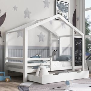 Kinderhuisbed 90 x 200 cm - houten bed met plank en 2 lades - massief hout met hek en lattenbodem - wit (zonder matras)
