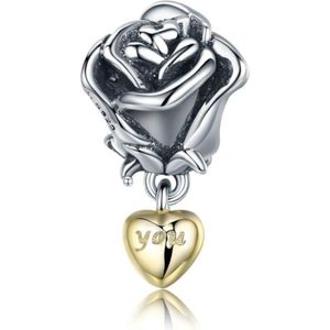 Zilveren hangende bedel Roos met 'jij' in een gouden hart