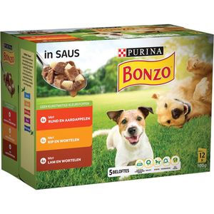 Bonzo (Friskies) - Vitafit Adult Rund, Kip & Lam in saus - Honden Natvoer - 12x100g