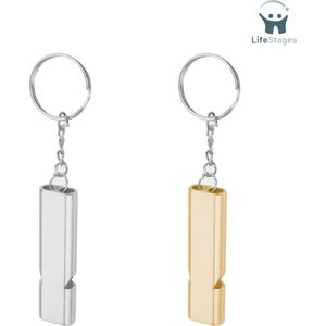 LifeStages - Noodfluit - Noodfluitje - Metalen Noodfluitje - Fluitje met Sleutelhanger - voor School, Gym, Buiten, Kamperen, Wandelen, Jagen, Klimmen - 2 Stuks - Zilver en Goud
