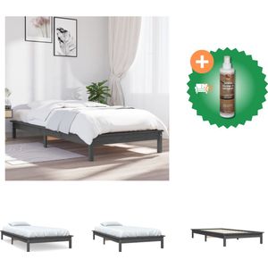 vidaXL Houten Bed - Massief Grenenhout - Grijs - 212 x 111.5 x 26 cm - Geschikt voor 100 x 200 cm matras - Inclusief montagehandleiding - Bed - Inclusief Houtreiniger en verfrisser