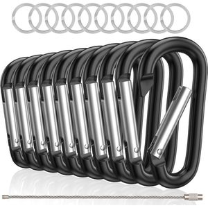 10 Stuks 78mm Zwart Karabijnhaken Set met Sleutelringen - Carabijn Musketonhaak Sleutelhangers voor Volwassenen - D Carabiners - Karabijn haak Keychain - Karabijnsluitingen ringetjes - DIY Hobby Musketon Sluiting - Mini Karabiners - Carabijnhaak
