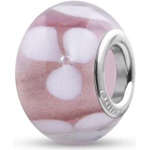 Quiges - Glazen - Kraal - Bedels - Beads Roze met Witte Bloemen Past op alle bekende merken armband NG2008