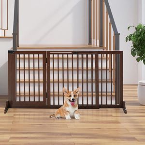 Hondenhek - Honden hek - Dog barrier - traphekje zonder boren - traphek - LxH 113-160 x 71 cm - Koffiebruin