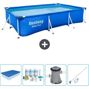 Bestway Rechthoekig Steel Pro Zwembad - 300 x 201 x 66 cm - Blauw - Inclusief Afdekzeil - Onderhoudspakket - Pomp - Schoonmaakset