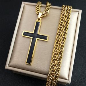 Cubaans kruis voor mannen - Goud kruis Ketting Plat - Mannen ketting - Heren ketting - Ketting voor mannen - cadeau mannen - Geometrie Gothic - Punk - holy cross - Goud/Zwarte jesus ketting - breed