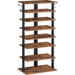 Schoenenrek, hoge schoenenrek met 8 niveaus, 50 x 28 x 113 cm, schoenenkast met 2 haken, schoen organisator voor 16 paar, gang, woonkamer, industrieel, rustiek bruin