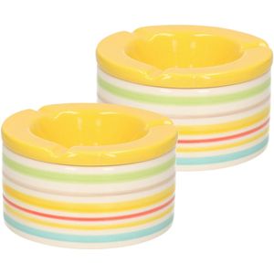 Stormasbak - 2x - keramiek - geel/multi-kleur - D12 cm - asbak - buiten asbakken