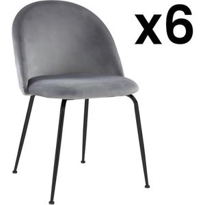 Set van 6 stoelen MELBOURNE - Fluweel en mat zwart metaal - Grijs L 50 cm x H 77 cm x D 55 cm
