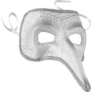 dressforfun - Venetiaans masker met lange neus en versieringen zilver - verkleedkleding kostuum halloween verkleden feestkleding carnavalskleding carnaval feestkledij partykleding - 303553