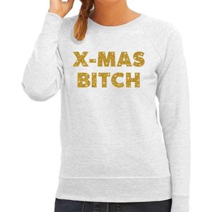 Foute Kersttrui / sweater - Christmas Bitch - goud / glitter - grijs - dames - kerstkleding / kerst outfit XS