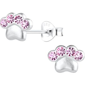 Joy|S - Zilveren kat hond dierenpoot oorbellen - 8 x 6 mm - roze kristal - poot afdruk