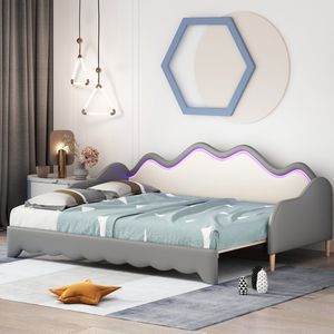 Sweiko Gestoffeerd bed 90(180)*190cm, multifunctionele 2-in-1 slaapbank, kinderbed van eco-leer met LED verlichting, met lattenboden, Grijs
