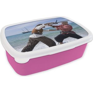 Broodtrommel Roze - Lunchbox - Brooddoos - Piraten in zwaardgevecht - 18x12x6 cm - Kinderen - Meisje