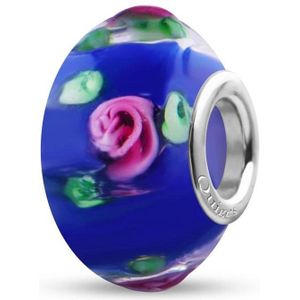 Quiges - Glazen - Kraal - Bedels - Beads Bloemvormig Blauw met Roze Rozen Past op alle bekende merken armband NG2024