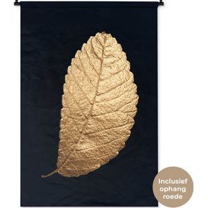 Wandkleed Golden leaves staand - Blad van goud op een zwarte achtergrond Wandkleed katoen 90x135 cm - Wandtapijt met foto