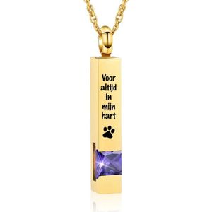 Luxe Ashanger | Met Ketting En Gravering | Voor Altijd In Mijn Hart | Assieraad | Goudkleurig Met Paarse Steen | As Ketting | Gedenksieraad | Urn | Incl. As vuller
