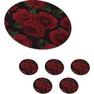 Onderzetters voor glazen - Rond - Rozen - Rozenblaadjes - Rood - 10x10 cm - Glasonderzetters - 6 stuks