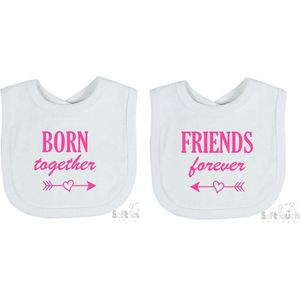 Soft Touch 2-pack Slabber Slabbetje Slab ""Born together Friends forever"" Unisex Tweeling Katoen Wit/roze Maat 33x22 Cm