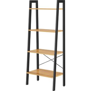 Ladderplank, 4-laags boekenplank, boekenkast, voor woonkamer, slaapkamer, keuken, thuiskantoor, industriële stijl, stalen frame, honingbruin en zwart LLS044B05