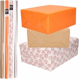 8x Rollen transparant folie/inpakpapier pakket - oranje/bruin/wit met hartjes 200 x 70 cm - cadeau/kaften/verzendpapier/cellofaan