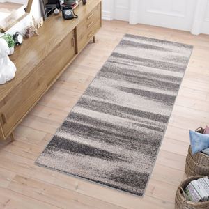 Tapiso Sari Tapijt Loper Grijs Gestreept Woonkamer Hal Slaapkamer Maat- 70x1500