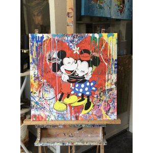 Mickey Mouse &Minnie Mouse- Mixed Media- Katoenen canvasdoek op houten frame- 70x70cm, klaar voor om te hangen