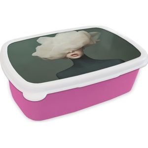 Broodtrommel Roze - Lunchbox Hoed - Vrouw - Beige - Brooddoos 18x12x6 cm - Brood lunch box - Broodtrommels voor kinderen en volwassenen
