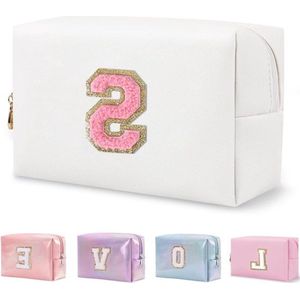 Make-up organizer tas voor op reis - chenille make-up clutch met letters - witte make-uptas voor verjaardagscadeaus - voor vrouwen, bruidsmeisjes, tieners - reis make-up opbergtas - maat S Make up tasje met spiegel