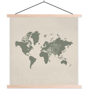 Posterhanger incl. Poster - Schoolplaat - Wereldkaart - Panter - Groen - 120x120 cm - Blanke latten