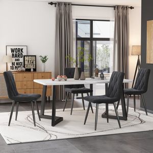 Sweiko Eettafel set (117 x 68cm eettafel, 4 stoelen), rechthoekige eettafel, moderne keuken eettafel set, eettafel stoelen, donkergrijze twill fluweel keukenstoelen, zwarte tafelpoten
