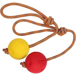 Hondenbal met koord, 2 stuks werpbal met touw, duurzaam, zacht en elastisch, massief rubberen bal voor behendigheid en extreem brede worpen, vangen en trekken van de oorlog (7 cm, rood + geel)