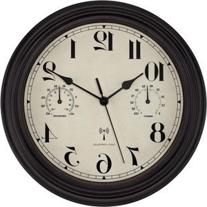 Wandklok voor binnen en buiten met temperatuurweergave en hygrometer, draadloos en weerbestendig, geruisloos retro design voor terras, badkamer en keuken