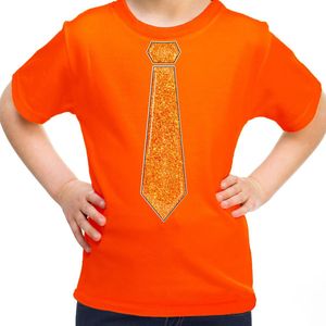 Bellatio Decorations Verkleed t-shirt voor kinderen - glitter stropdas - oranje - meisje - carnaval 164/176