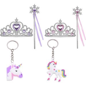 Prinsessen Speelgoed Meisje - Voor bij je prinsessenjurk - Prinses accessoireset - 2 x Kroon (Tiara) - 2 x Toverstaf - Unicorn Hanger - Voor bij je Verkleedkleding - Roze - Paars
