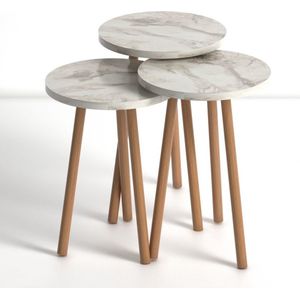 Bijzettafel Naelle set van 3 - wit marmer design - hout - salontafel - koffietafel