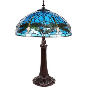LumiLamp Tiffany Tafellamp Ø 41*57 cm E27/max 2*40W Blauw Metaal, Glas Libelle Tiffany Bureaulamp Tiffany Lampen Glas in Lood