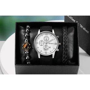 Fiory Horloge/Armband set | Keller & Weber| 1 horloge zwart| 1 leren gevlochten armband zwart | 1 kralenarmband zwart