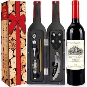 Wijnfles gevormde kurkentrekker set, wijnopener, wijnsommelier sets met flesopener, wijnsluitingen, wijnaccessoires, cadeauset (zwart 01)