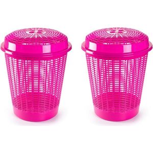 2x stuks ronde wasmanden/opberg mand met deksel 50 liter in het roze - Opbergmanden - kunststof wasmanden